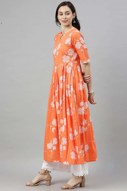 Ahika Orange Floral Printed Keyhole Neck Kurta
