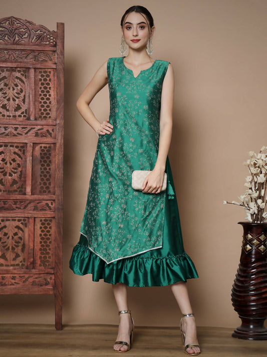 Myshka Women's Teal Floral Printed Gown Dress