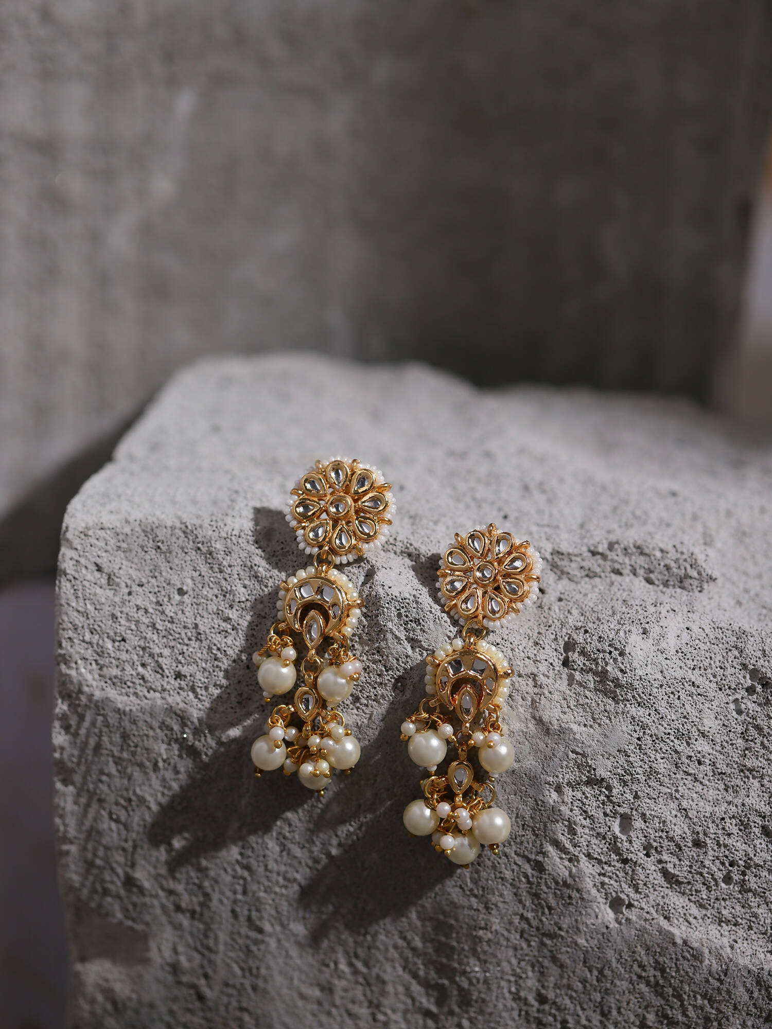 Gold-Toned White Pearl Beaded Contemporary Gold-Plated Jhumkas Earrings - Ruby Raang - Grab2buy