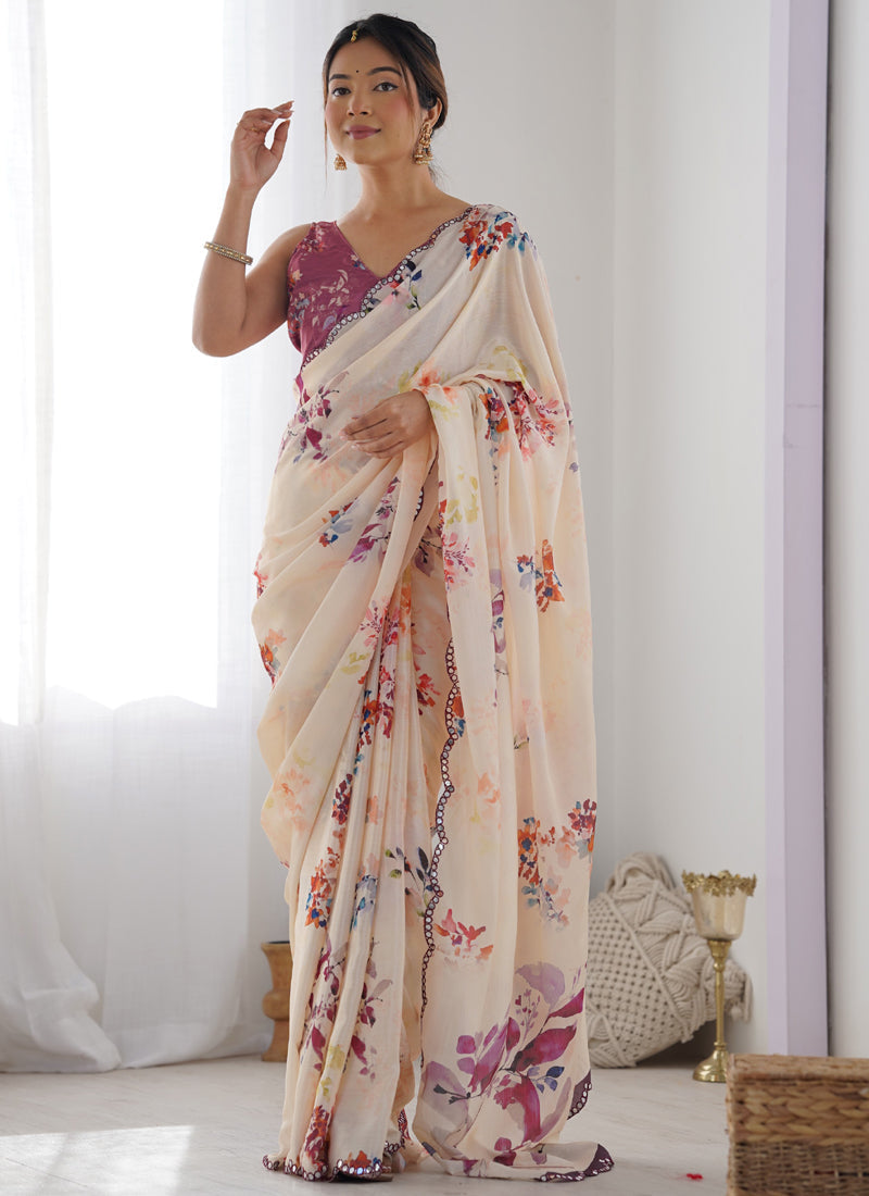 Vegaa Fashion Cream Chinon Silk Print Work With Mirror Work Border Designer Grab2Buy  Grab2Buy Vegaa Fashion Grab2Buy