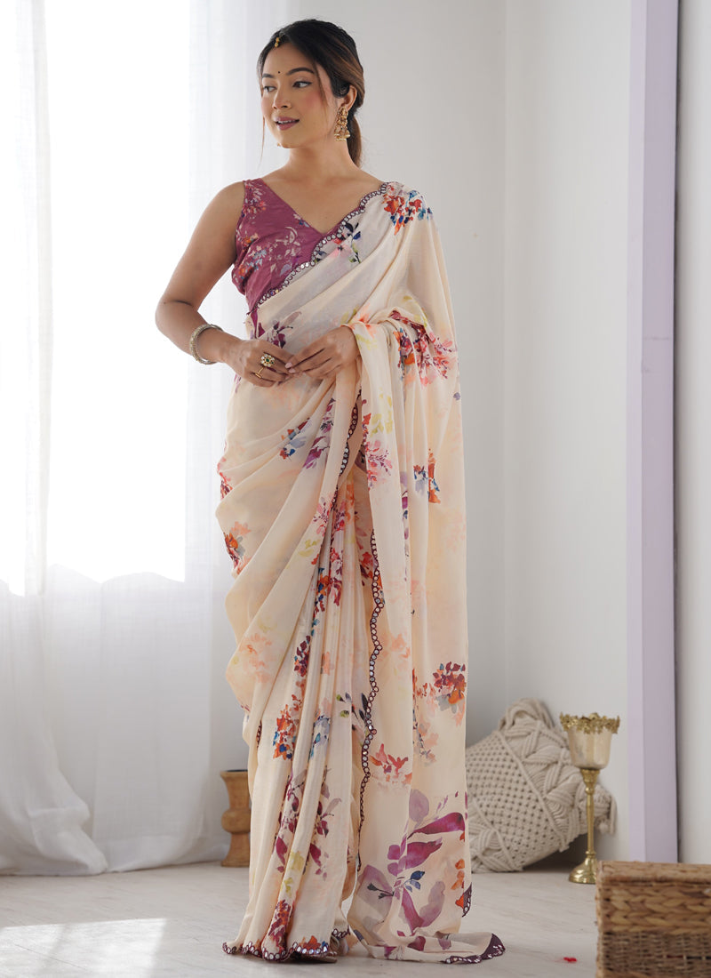 Vegaa Fashion Cream Chinon Silk Print Work With Mirror Work Border Designer Grab2Buy  Grab2Buy Vegaa Fashion Grab2Buy