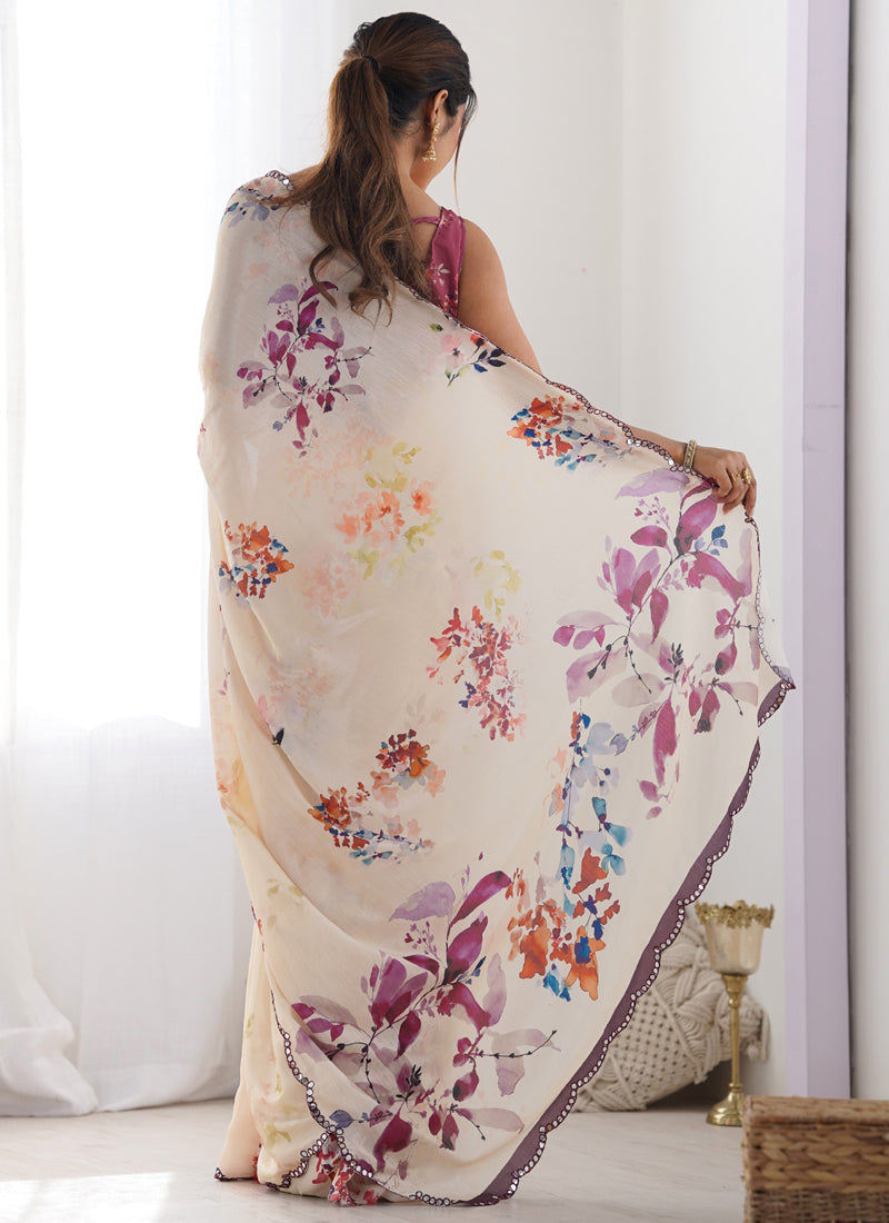 Vegaa Fashion Cream Chinon Silk Print Work With Mirror Work Border Designer Grab2Buy  Grab2Buy Vegaa Fashion Grab2Buy