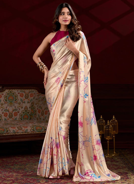 Vegaa Fashion Cream Satin Silk Digital Printed Pearl Lace Border Work Grab2Buy  Grab2Buy Vegaa Fashion Grab2Buy