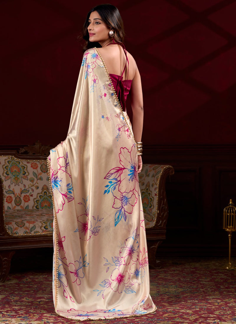 Vegaa Fashion Cream Satin Silk Digital Printed Pearl Lace Border Work Grab2Buy  Grab2Buy Vegaa Fashion Grab2Buy