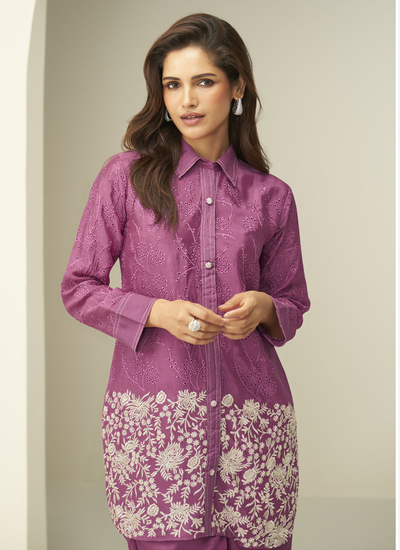 Vegaa Fashion Onion Pink Chinon Silk Embroidered Designer Co Ord Set 