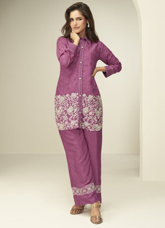 Vegaa Fashion Onion Pink Chinon Silk Embroidered Designer Co Ord Set 