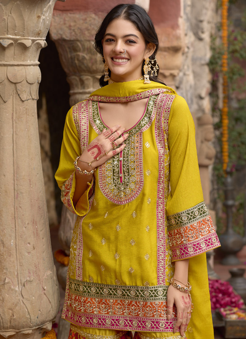 Vegaa Fashion Yellow Chinon Silk Embroidered Sharara Suit  Grab2Buy Vegaa Fashion Grab2Buy