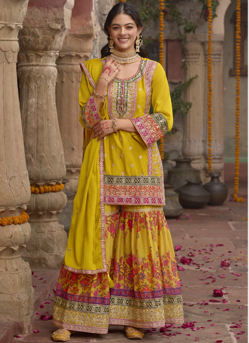 Vegaa Fashion Yellow Chinon Silk Embroidered Sharara Suit  Grab2Buy Vegaa Fashion Grab2Buy