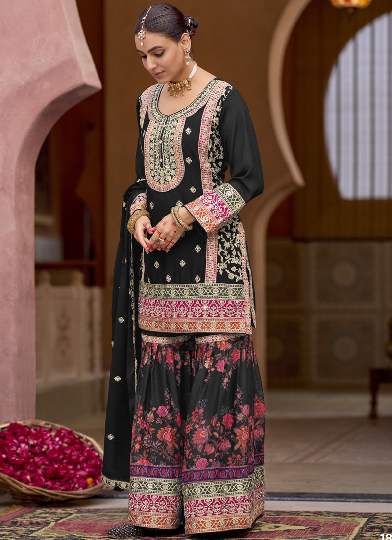 Vegaa Fashion Black Chinon Silk Embroidered Sharara Suit  Grab2Buy Vegaa Fashion Grab2Buy