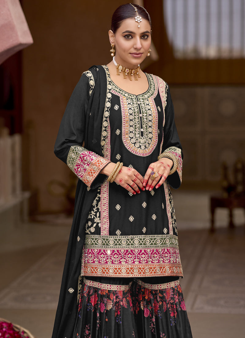 Vegaa Fashion Black Chinon Silk Embroidered Sharara Suit  Grab2Buy Vegaa Fashion Grab2Buy