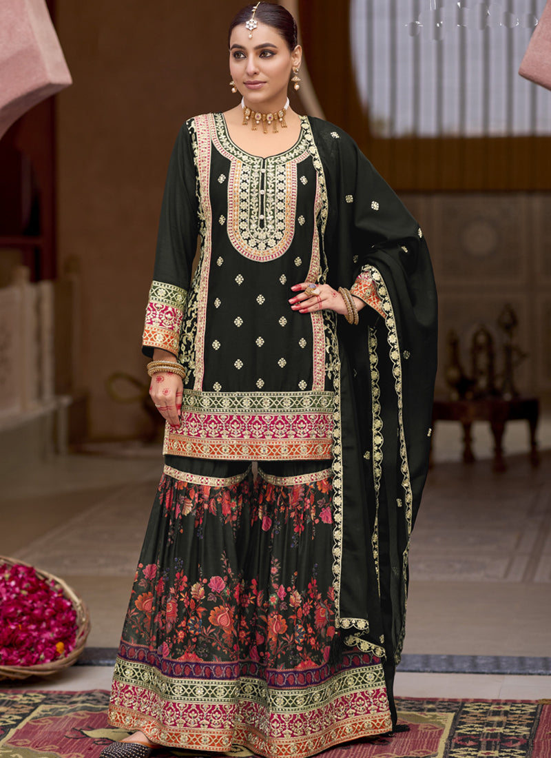 Vegaa Fashion Black Chinon Silk Embroidered Sharara Suit  Grab2Buy Vegaa Fashion Grab2Buy