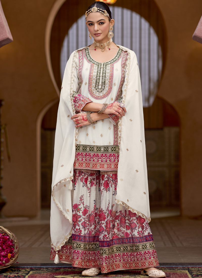 Vegaa Fashion White Chinon Silk Embroidered Sharara Suit  Grab2Buy Vegaa Fashion Grab2Buy