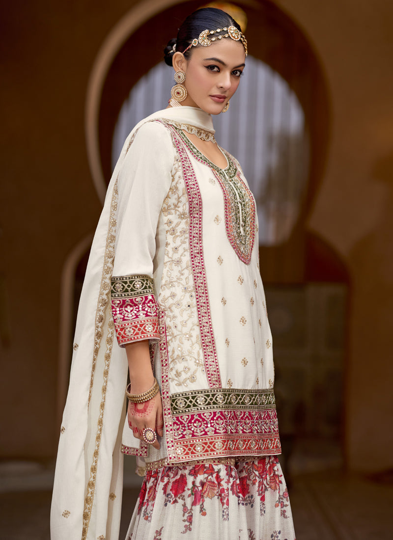 Vegaa Fashion White Chinon Silk Embroidered Sharara Suit  Grab2Buy Vegaa Fashion Grab2Buy