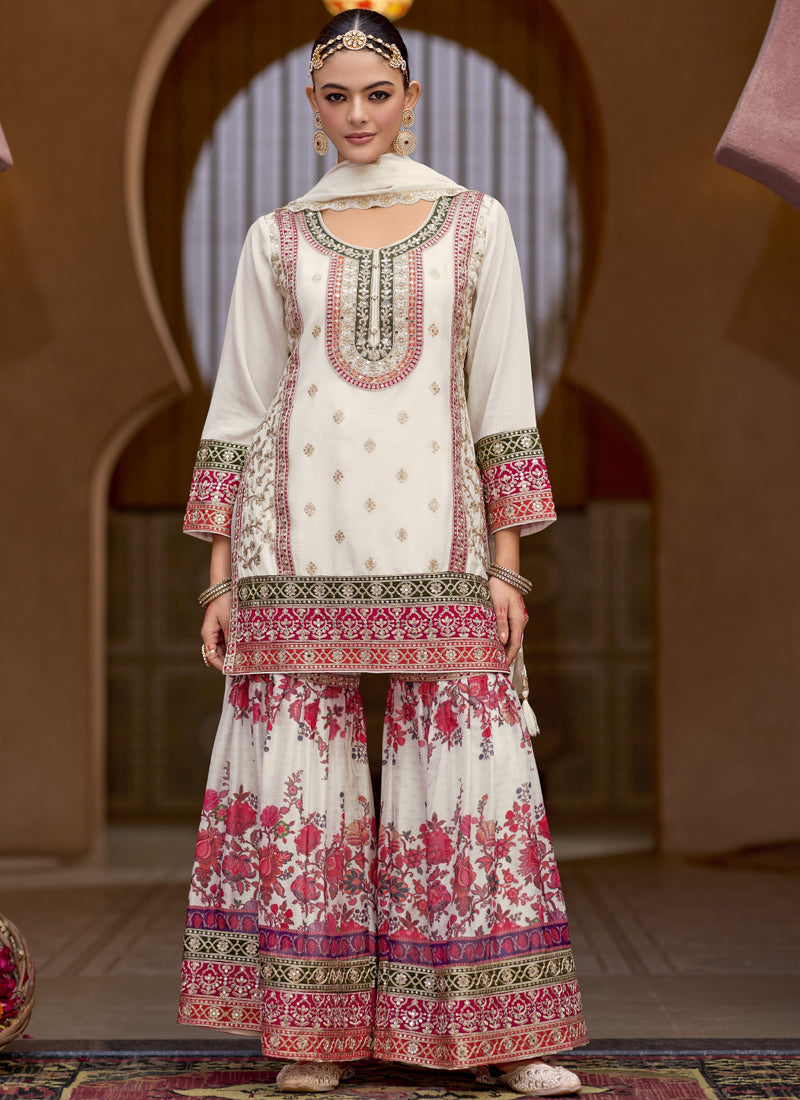 Vegaa Fashion White Chinon Silk Embroidered Sharara Suit  Grab2Buy Vegaa Fashion Grab2Buy