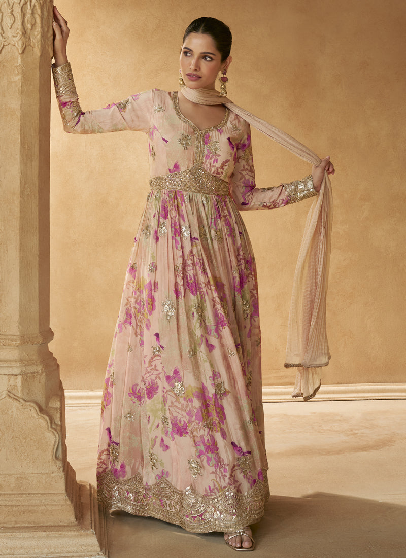 Vegaa Fashion Cream Real Chinon Silk Embroidered Anarkali Suit | Grab2Buy