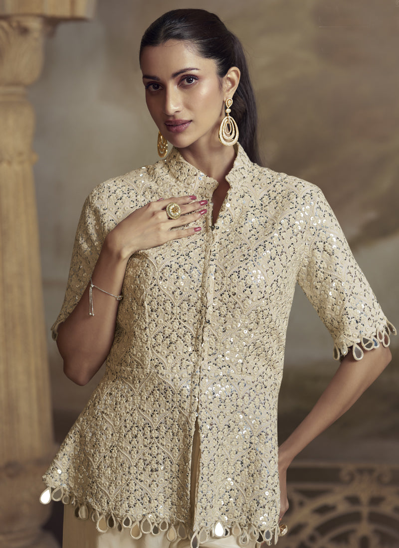 Vegaa Fashion Cream Georgette Embroidered Palazzo Suit  Grab2Buy Vegaa Fashion Grab2Buy