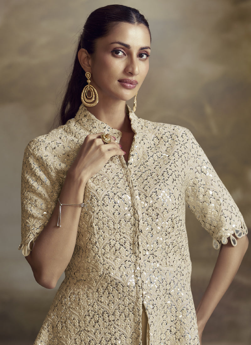 Vegaa Fashion Cream Georgette Embroidered Palazzo Suit  Grab2Buy Vegaa Fashion Grab2Buy