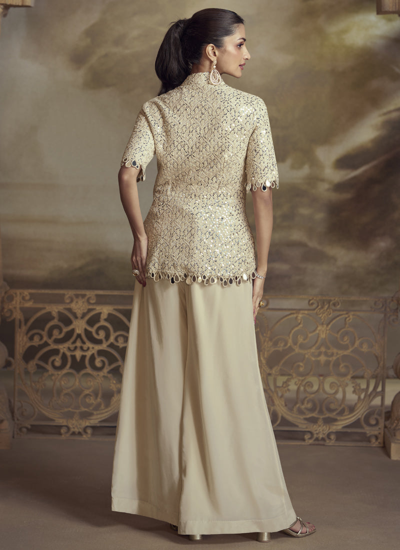 Vegaa Fashion Cream Georgette Embroidered Palazzo Suit  Grab2Buy Vegaa Fashion Grab2Buy