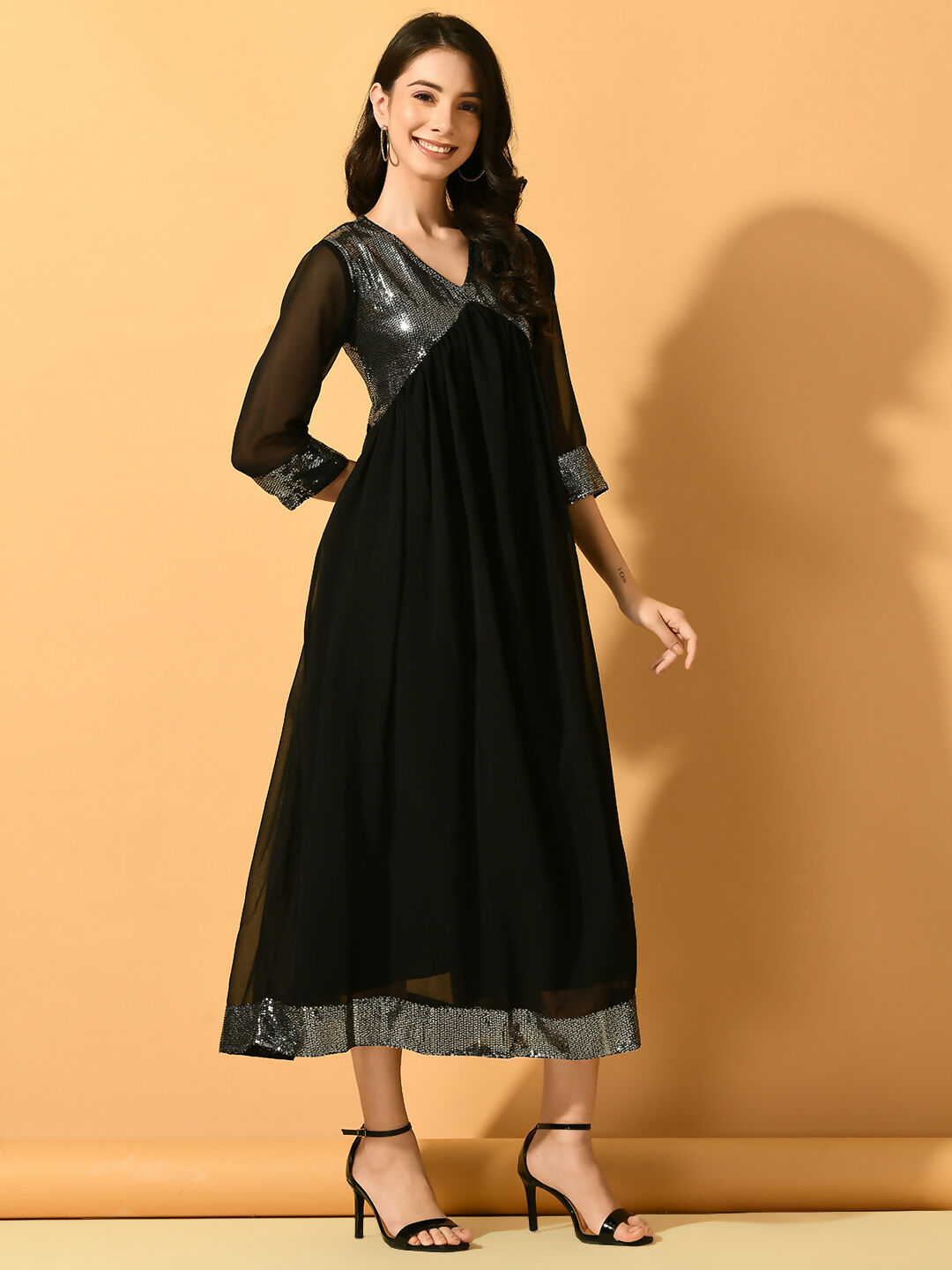 Myshka Women's Black Fit and Flare Party Dress