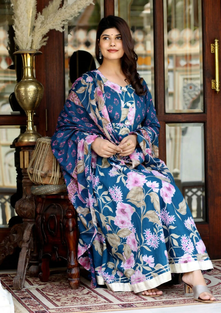 Miravan Women's Flower Printed Blue Anarkali Kurta And Dupatta