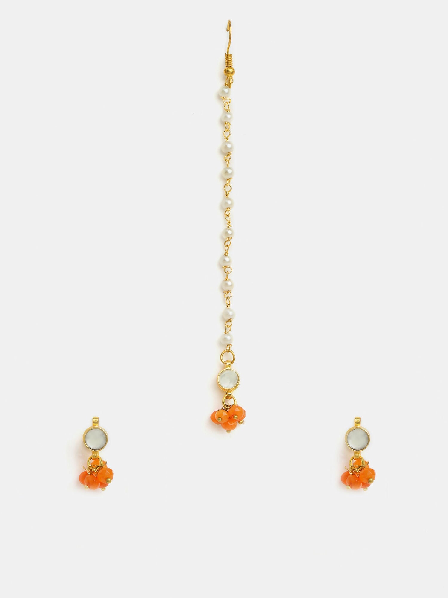 Ruby Raang Mannat Set Of 2 - Orange Embedded Maang Tikka And Earrings