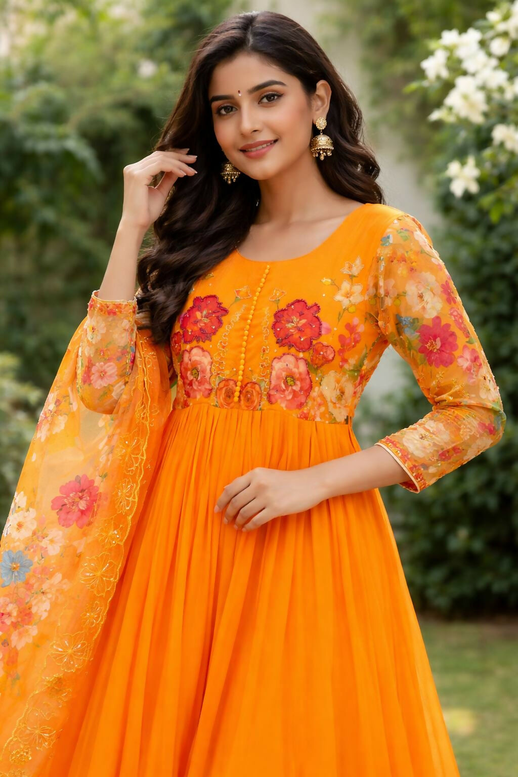 Teeya Creation Womens New Fancy Fox Georgette Heavy Quality Fabric With Handwork Orange Gown Set