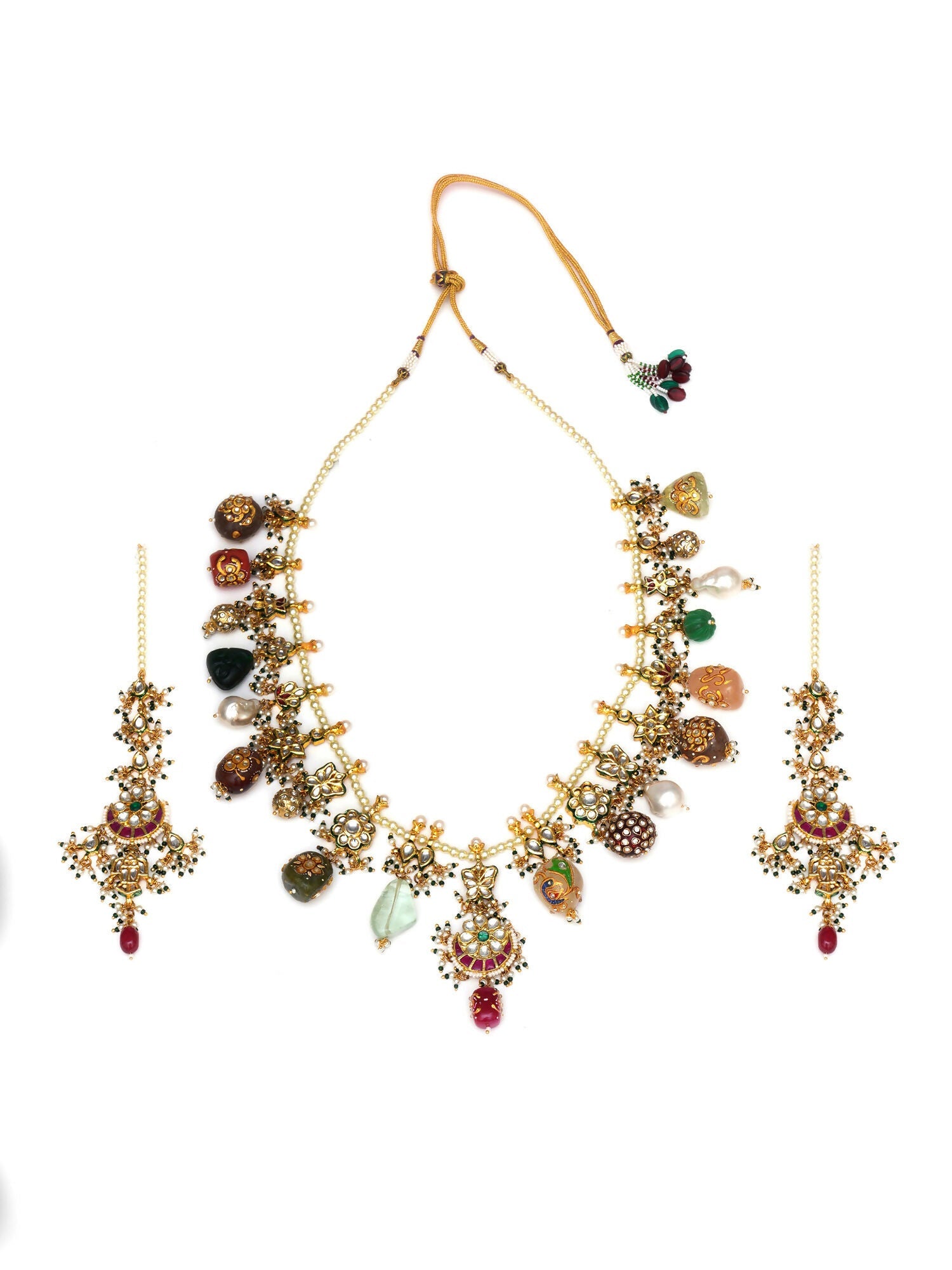 Long Kundan Neckpiece with Earrings with Multi Stones Jewellery Set (Gold) - Ruby Raang - Grab2buy