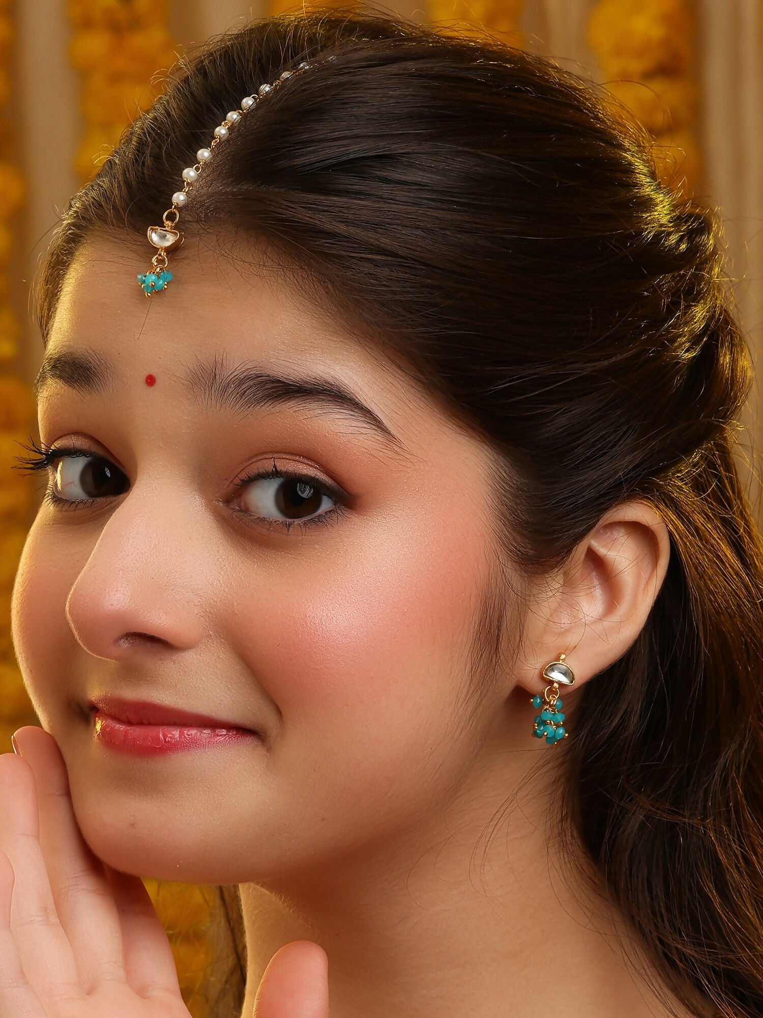 Ruby Raang Semi-Circle Gold Blue Earrings Set With Maang Tikka
