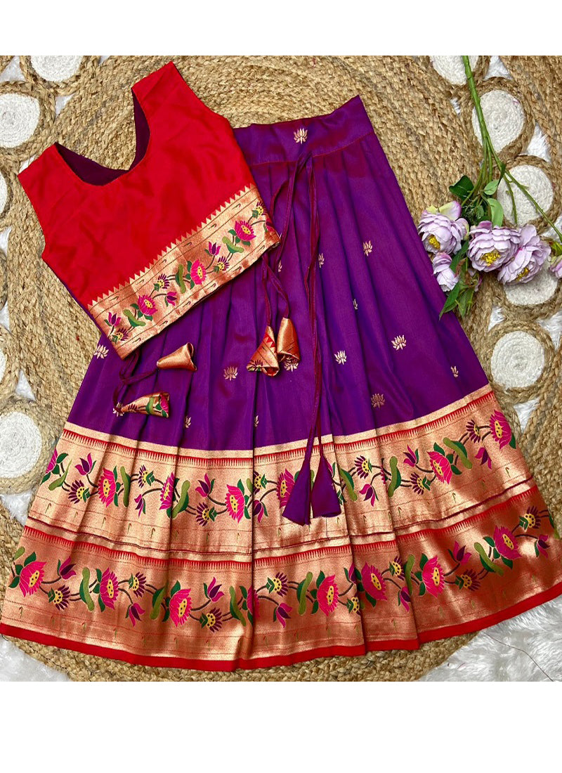 Evanik Purple Kids Paithani Silk Lotus Pattern Lehenga Choli