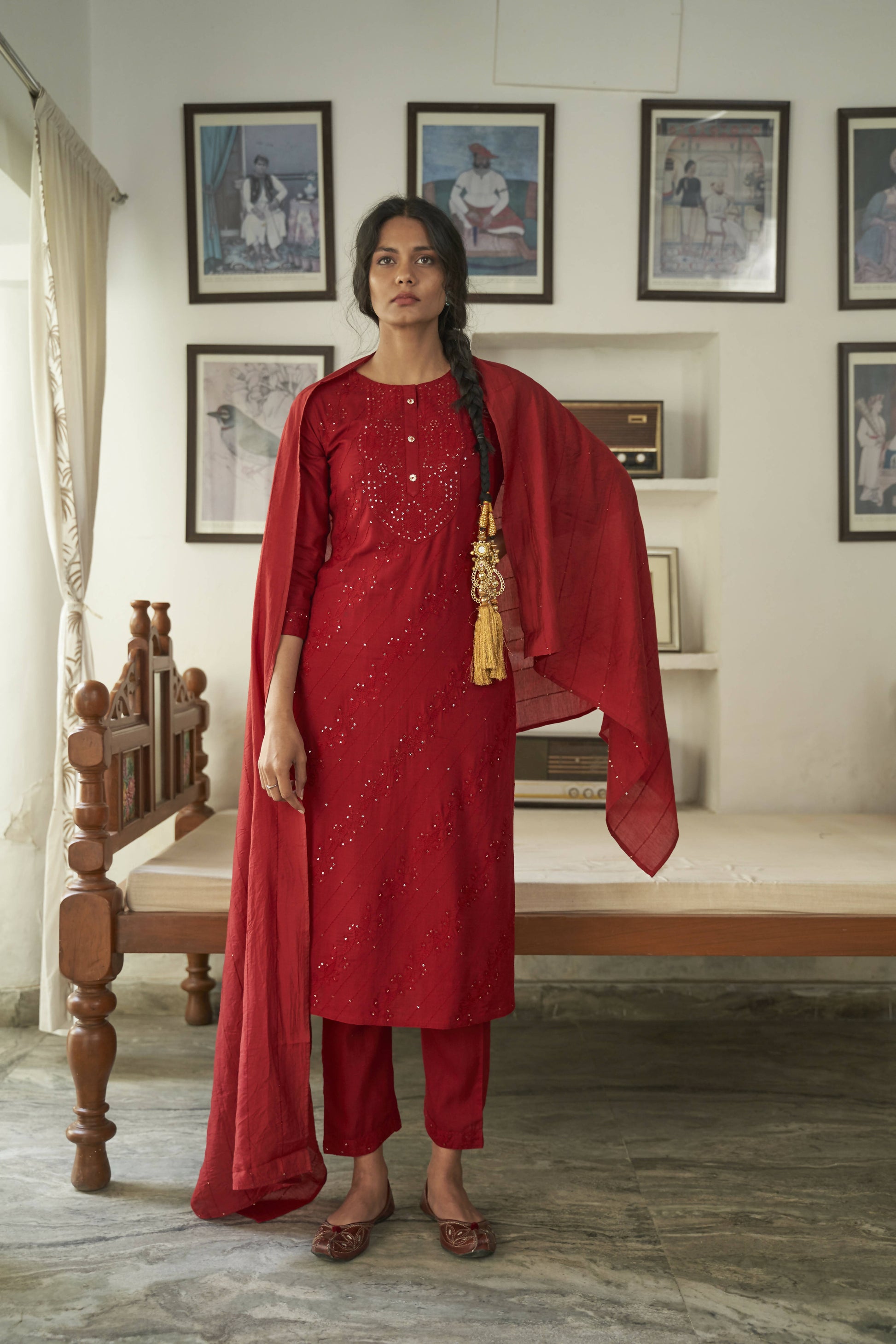 Maroon Rayon Sequence Embroidery work Straight kurta with Pant & Dupatta - Akashara