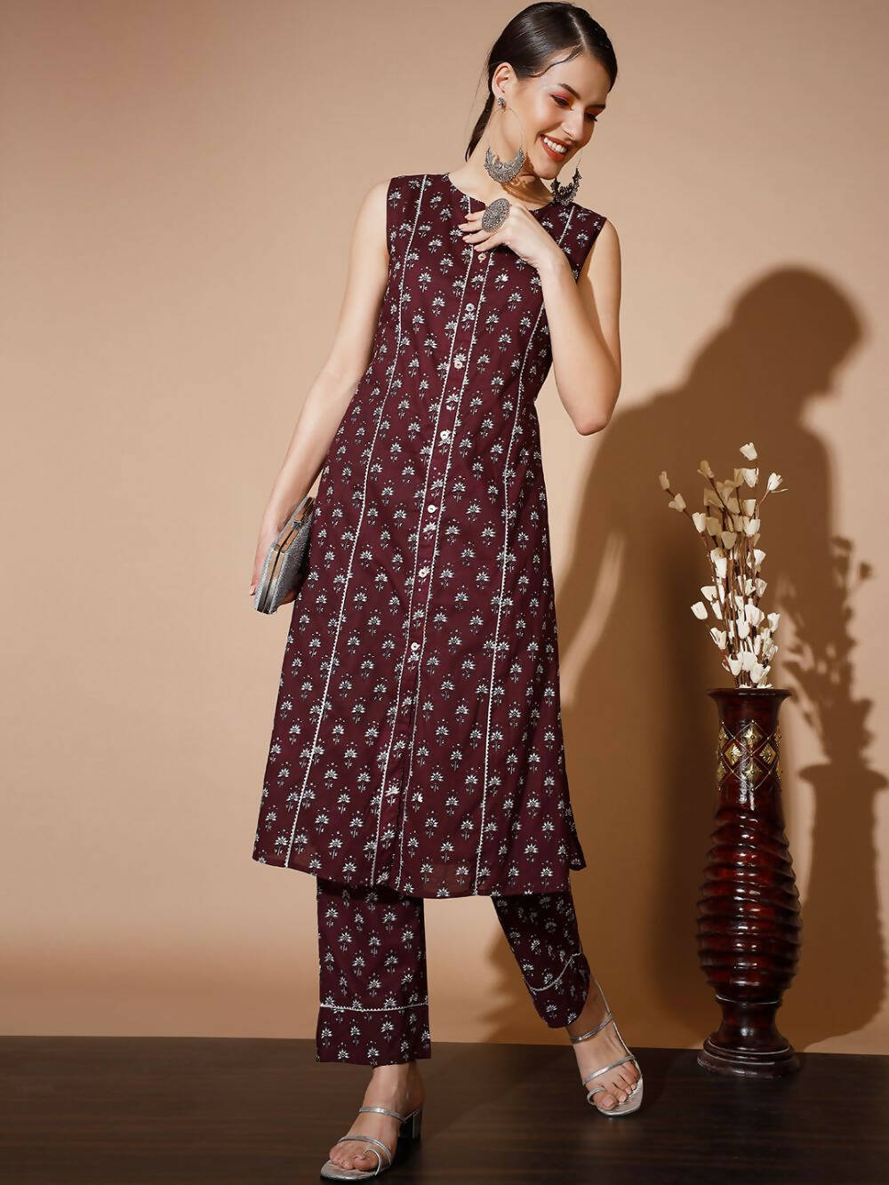 Myshka Women Rust Floral Kurta & Trousers
