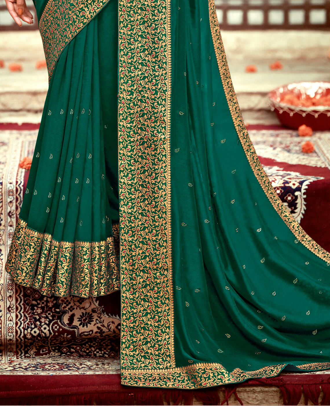 Bottle Green Vichitra Stone Work Saree With Unstitched Blouse Piece - Rosy