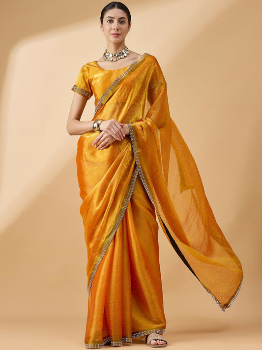 Mustard Organza Swaroski Diamond Work Saree with Unstitched Blouse - Radha