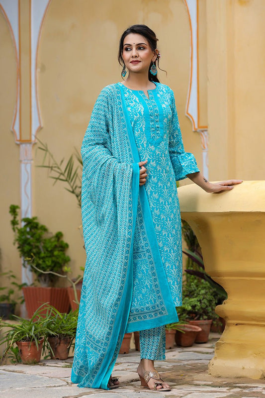Ahika Blue Cotton Straight Suit Set