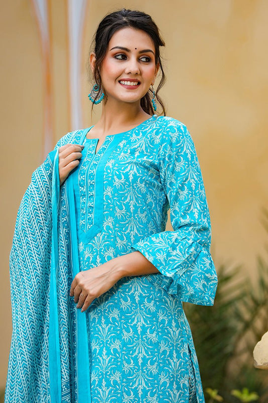 Ahika Blue Cotton Straight Suit Set