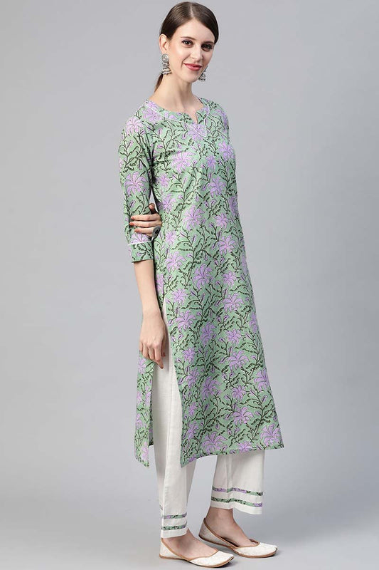 Ahika Women Cotton Green Ethnic Motifs Printed Straight Kurta Pant Dupatta Set