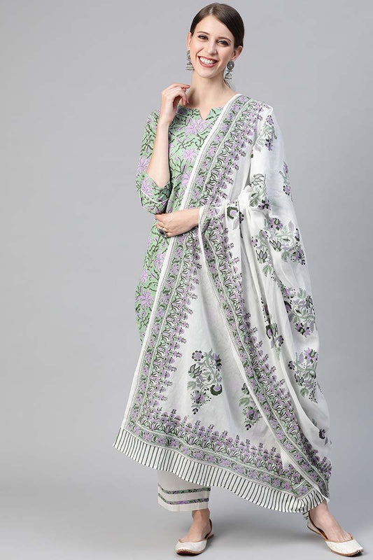 Ahika Women Cotton Green Ethnic Motifs Printed Straight Kurta Pant Dupatta Set