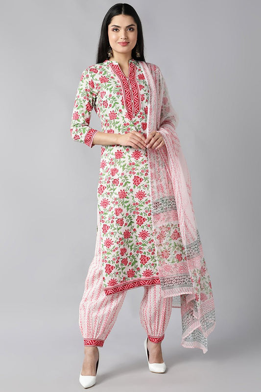 Ahika White Pink Printed Cotton Kurta with Salwar and Dupatta â€“ Ahika