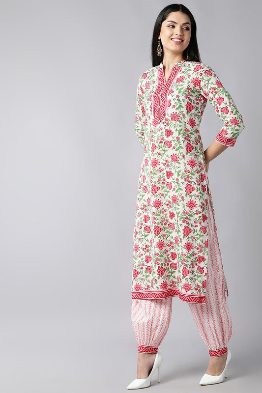 Ahika White Pink Printed Cotton Kurta with Salwar and Dupatta â€“ Ahika