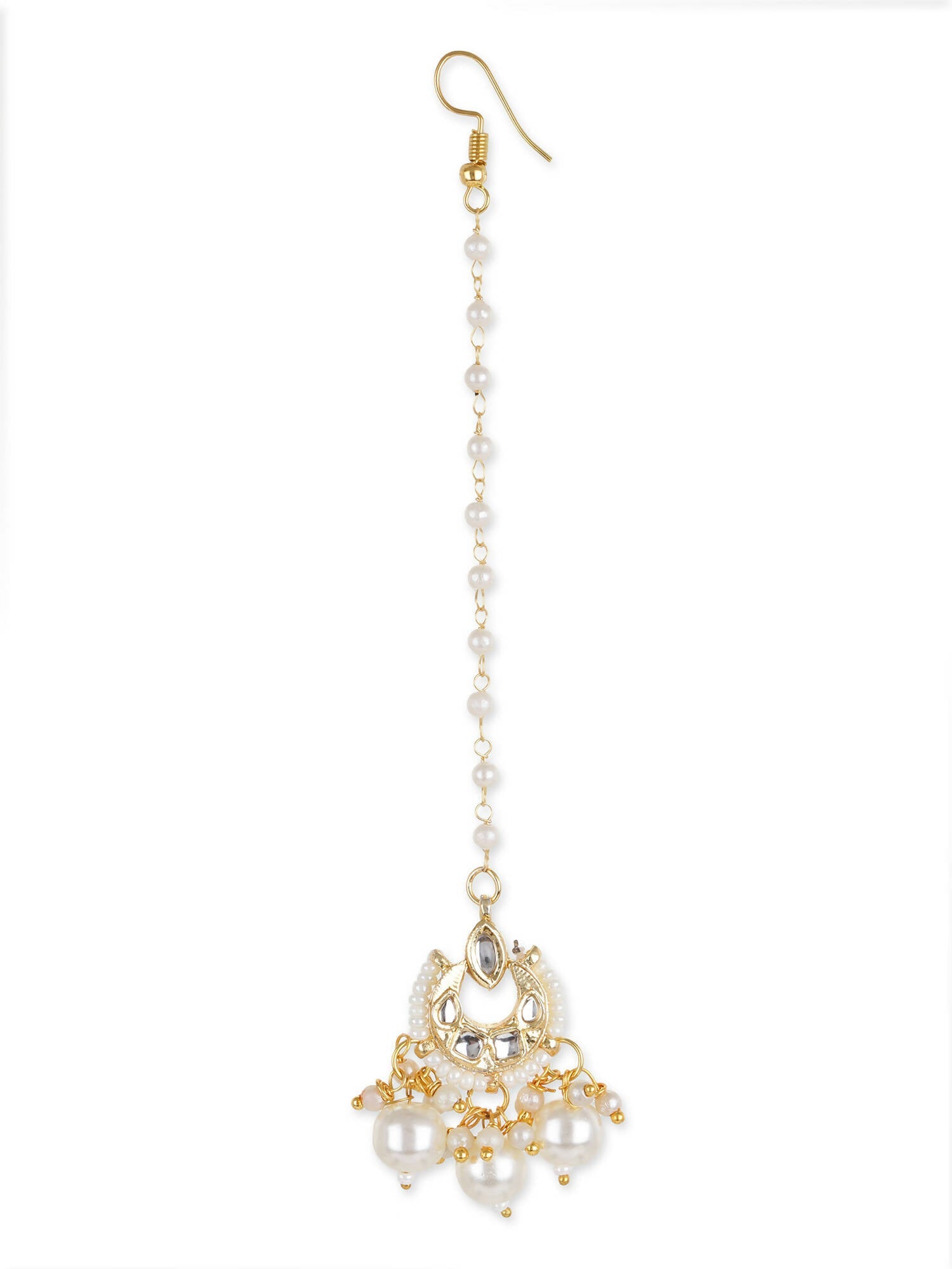 Gold-Plated White Kundan-Studded Beaded Layered Maang Tikka - Ruby Raang - Grab2buy