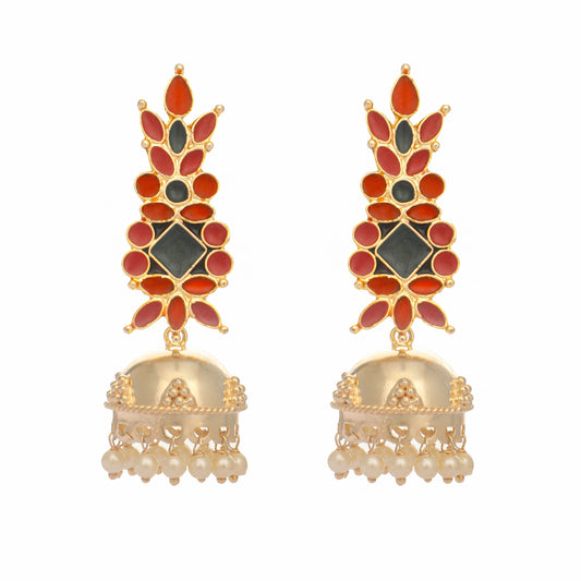 Nuyug 22K Gold-Plated Enamel & Beaded Dome Shaped Jhumka Earrings | Swadesiicart