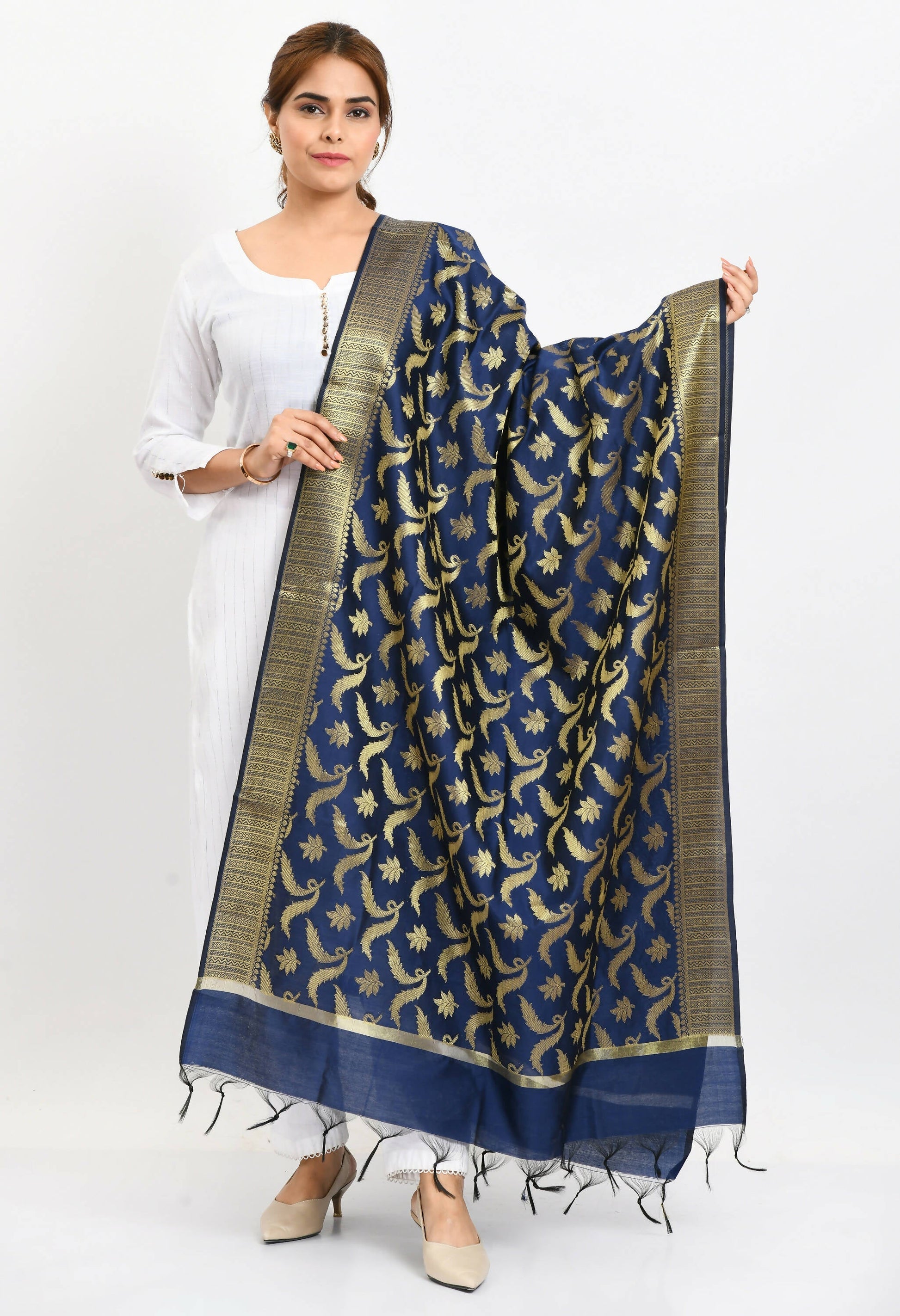 Mominos Fashion Moeza Women's Banarsi Silk Floral Woven Design Navy Blue Dupatta 