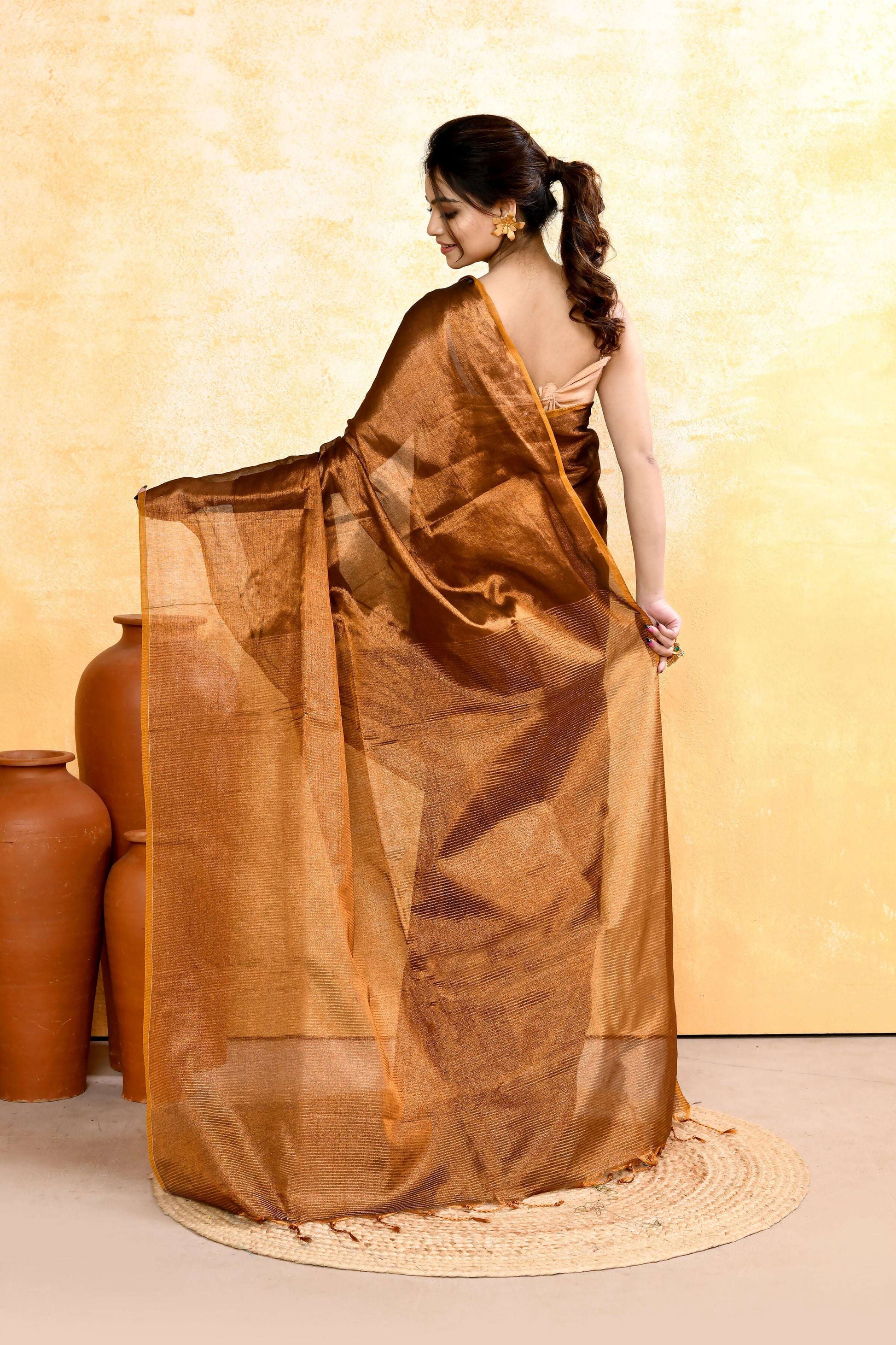 Piyari Fashion Women's Copper Dual Tone Organic Tissue Saree With Blouse Piece