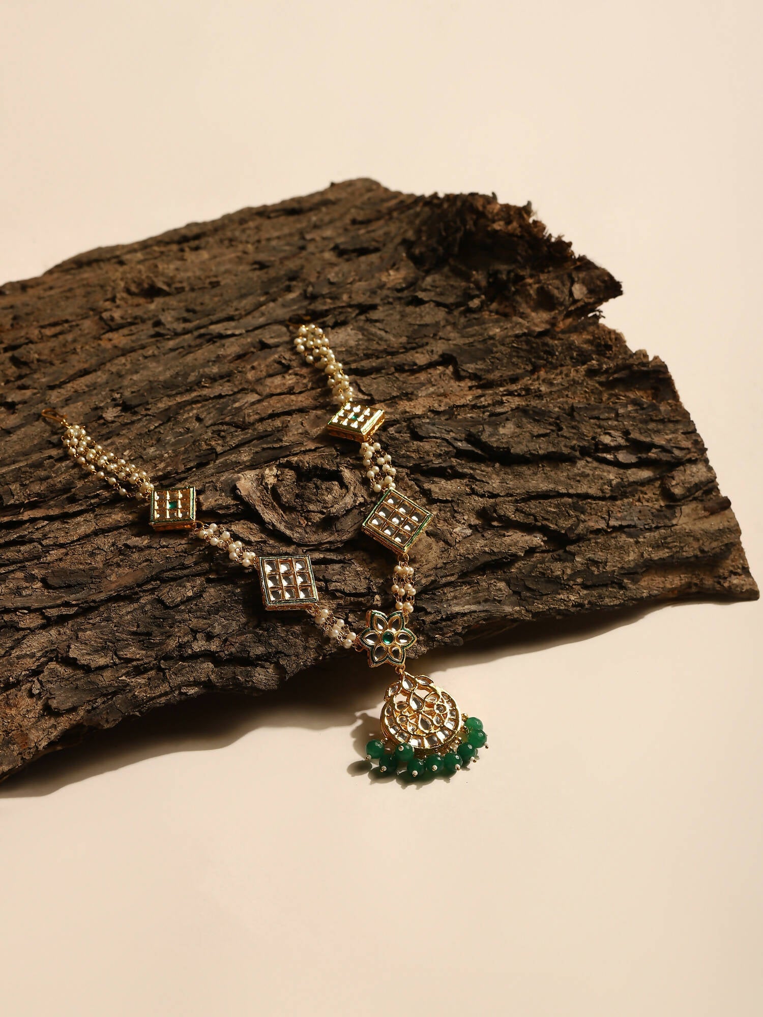Gold-Plated White Green Kundan-Studded Pearl Beaded Matha Patti - Ruby Raang - Grab2buy