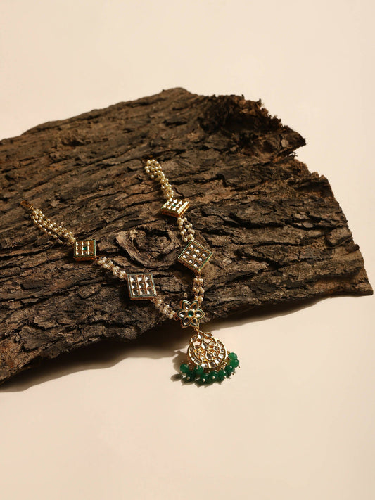 Gold-Plated White Green Kundan-Studded Pearl Beaded Matha Patti - Ruby Raang - Grab2buy