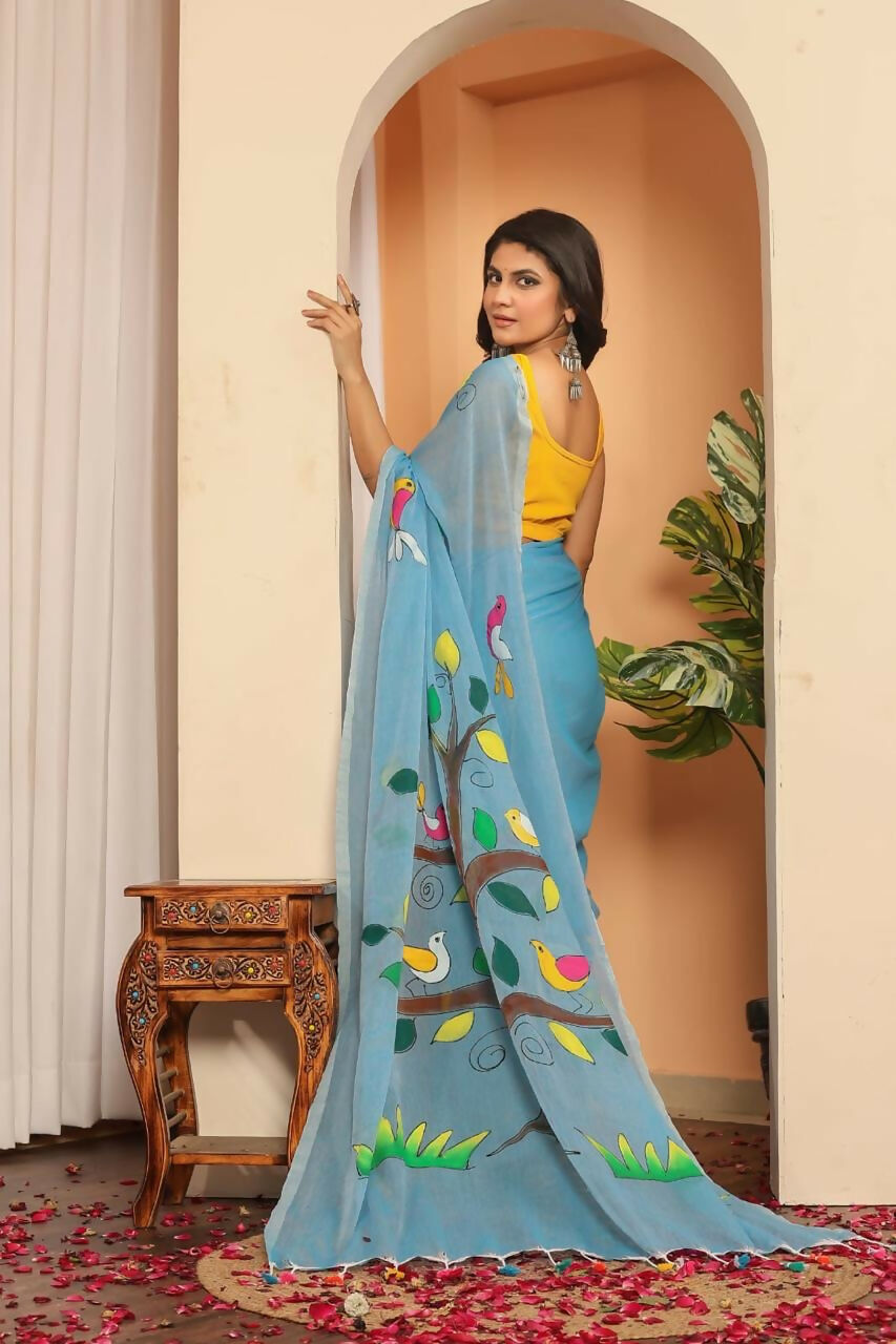 Exclusive Collection Beautiful Light Sky Pure Cotton Hand Print Handloom Grab2Buy With Running Blouse Piece 