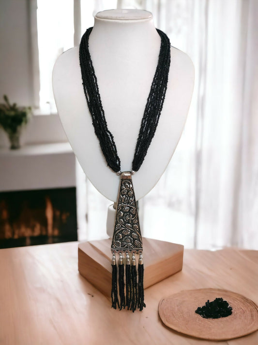 Inhanns Day-To-Dinner Tie Shaped Oxidized Black Metal Multi-Layered Long Necklace Set - Black