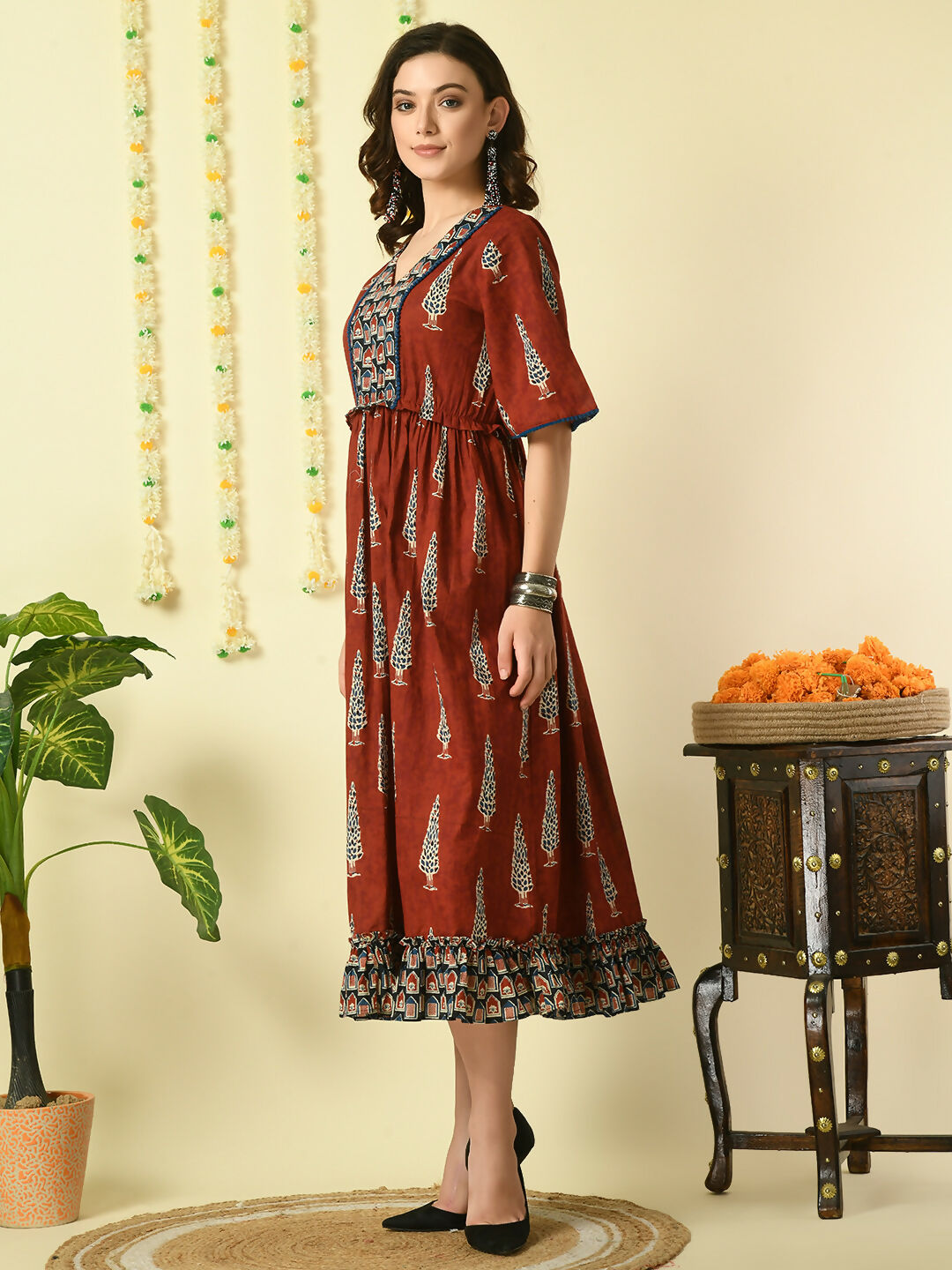 Myshka Women's Rust Printed Cotton Party Dress