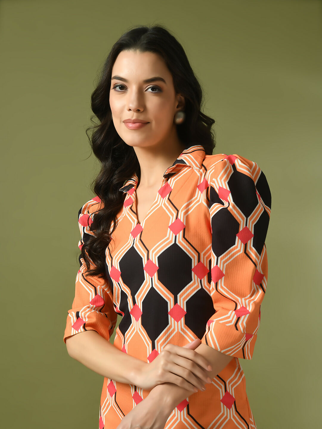 Myshka Women's Multi Printed Shirt Collar Fit and Flare Party Dress