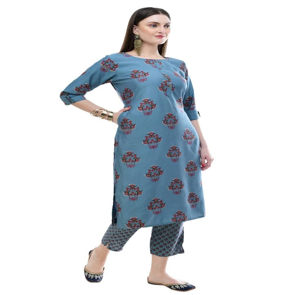 Lagi Women's Turquoise Blue Printed Straight Kurta & Pant (MC39A) 